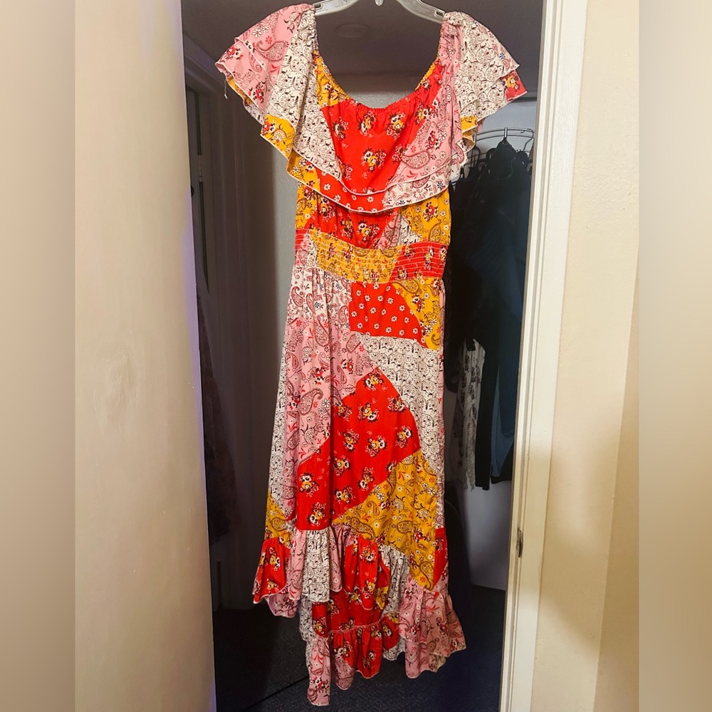 Mlle Gabriel BoHo Off-Shoulder Patchwork Hi-Low Dress